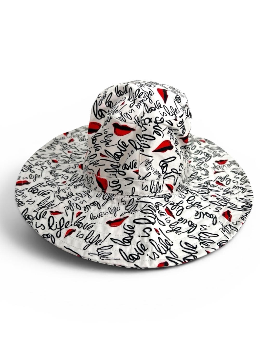 Diane Von Furstenberg White Graphic Wide-Brim Hat with Red Lip Motif